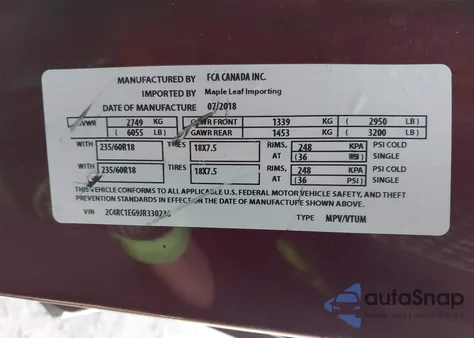 2018 Chrysler Pacifica Touring-L Plus from USA, damaged, VIN 2C4RC1EG9JR330236
